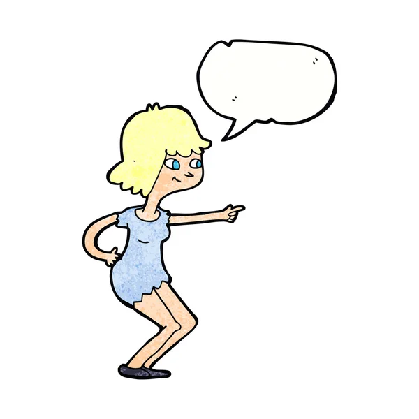 Dibujos animados chica apuntando con el habla burbuja — Vector de stock