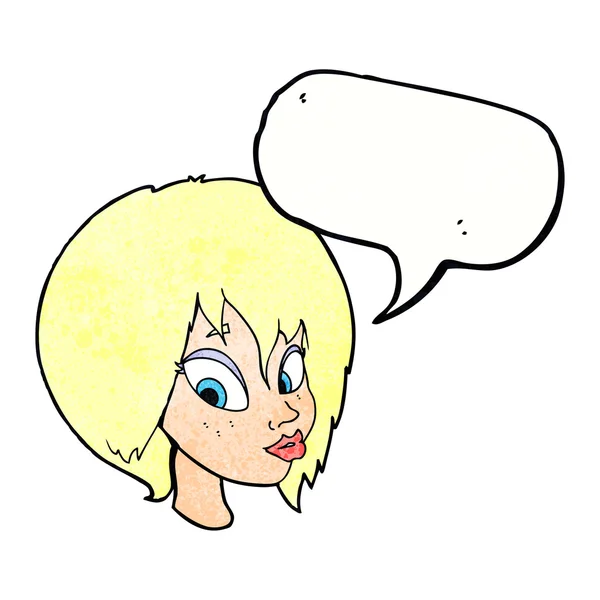 Cartoon pretty female face pouting with speech bubble — Stock Vector