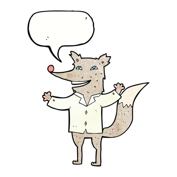 卡通人物快乐的狼，身穿带有言语泡沫的衬衫 — 图库矢量图片