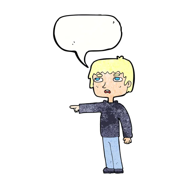 Γελοιογραφία αγόρι, δείχνοντας με το συννεφάκι λόγου — Διανυσματικό Αρχείο