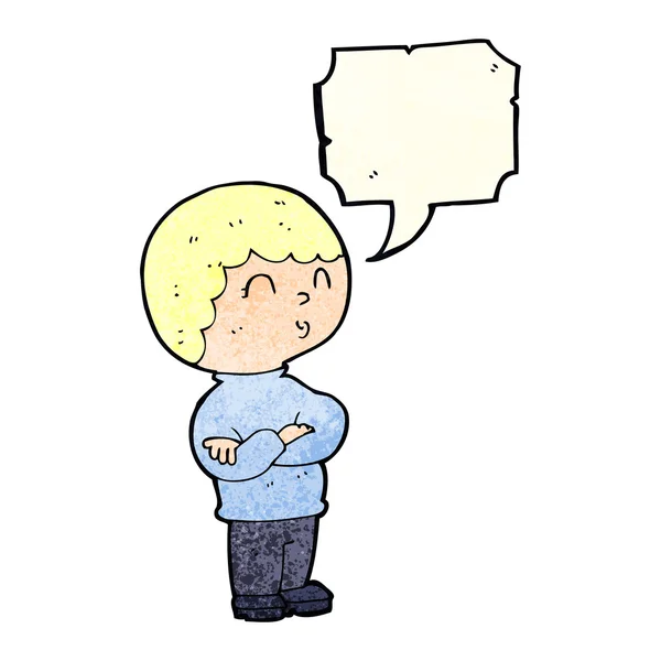 Cartoon jongen met gevouwen armen met spraakbel — Stockvector