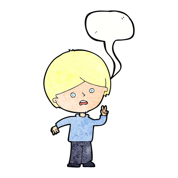 Cartone animato ragazzo infelice dando segno di pace con la bolla discorso — Vettoriale Stock
