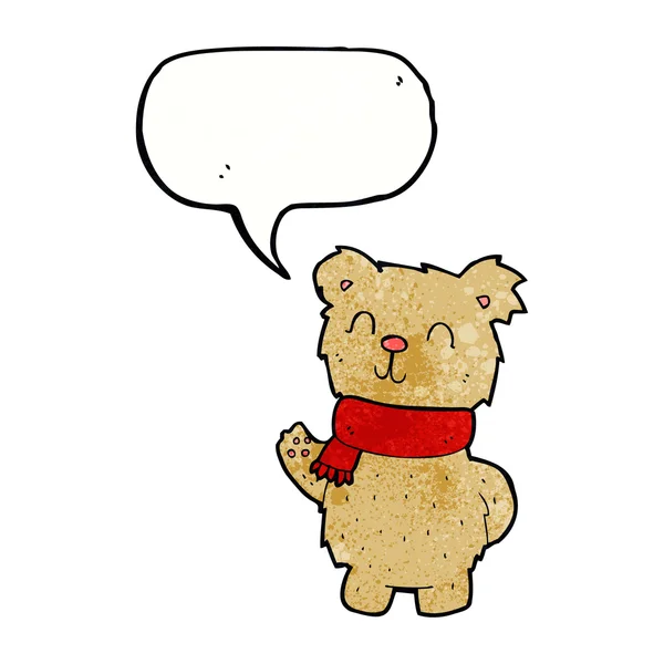 Cartoon zwaaien teddybeer met spraakbel — Stockvector