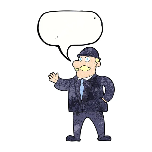 Fumetto uomo d'affari sensibile in bombetta cappello con bolla discorso — Vettoriale Stock