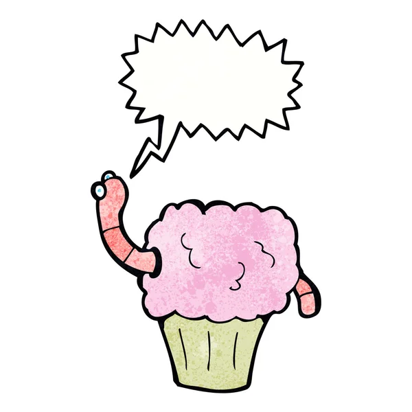 Cartoon worm in cupcake met spraakbel — Stockvector