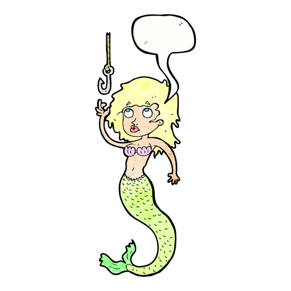Karikatura mořská panna a háček na ryby s bublinou řeči — Stockový vektor