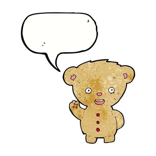 Cartoon teddy bear waving with speech bubble — Stock Vector