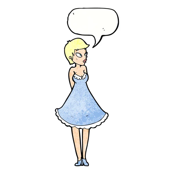 Cartoon mooie vrouw in jurk met tekstballon — Stockvector