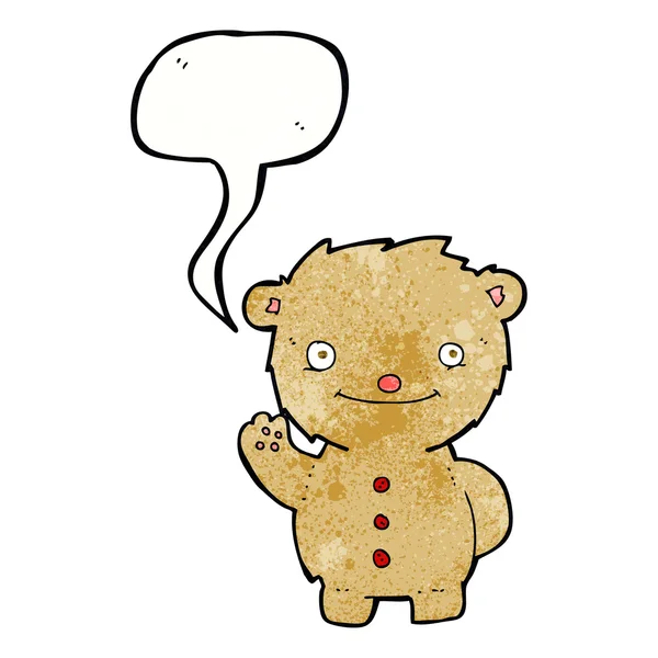 Cartoon zwaaien teddybeer met spraakbel — Stockvector