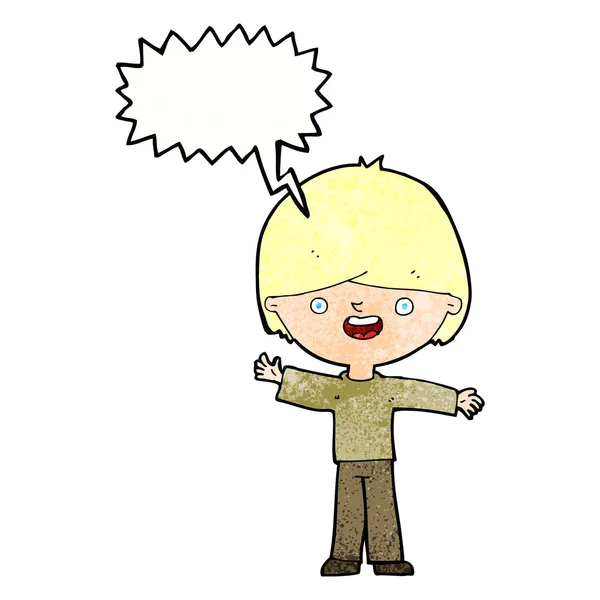 Cartone animato ragazzo felice con la bolla discorso — Vettoriale Stock