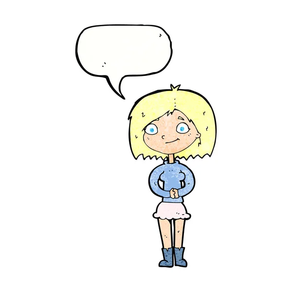 Cartone animato donna felice con la bolla discorso — Vettoriale Stock