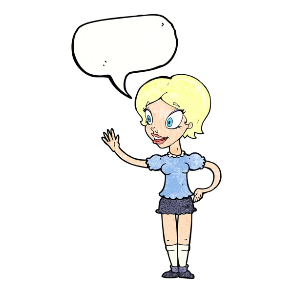 Desenho animado acenando mulher com bolha de fala —  Vetores de Stock