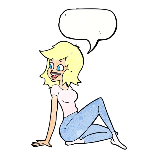 Karikatur hübsche Frau sieht glücklich aus mit Sprechblase — Stockvektor