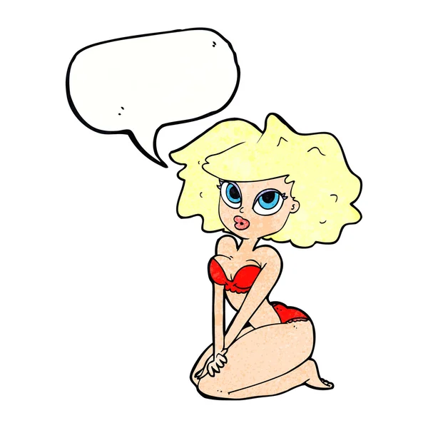 Cartoon vrouw dragen bikini met spraakbel — Stockvector