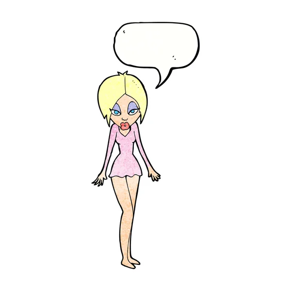 Cartoon-Frau im kurzen Kleid mit Sprechblase — Stockvektor