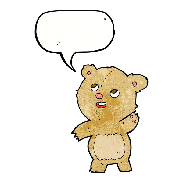 Мультяшний милий махаючий плюшевий ведмідь з мовною бульбашкою — стоковий вектор