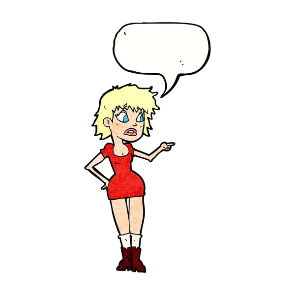 Dibujos animados mujer preocupada en vestido señalando con la burbuja del habla — Archivo Imágenes Vectoriales
