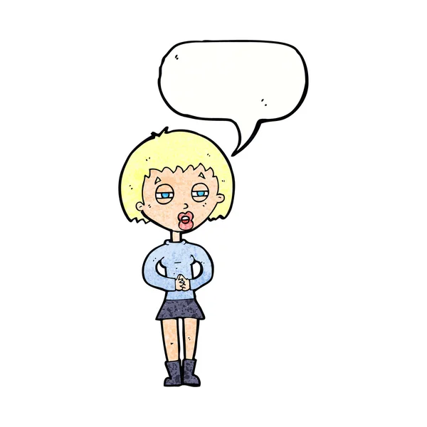 Cartone animato ragazza sospetta con bolla discorso — Vettoriale Stock