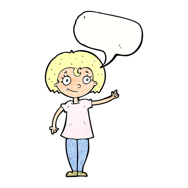 Cartoon gelukkig woman wijzend met tekstballon — Stockvector