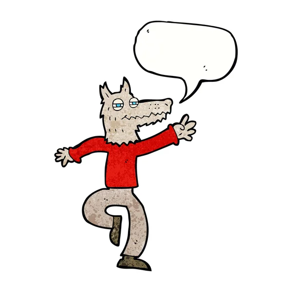 Cartone animato lupo felice uomo con la bolla discorso — Vettoriale Stock