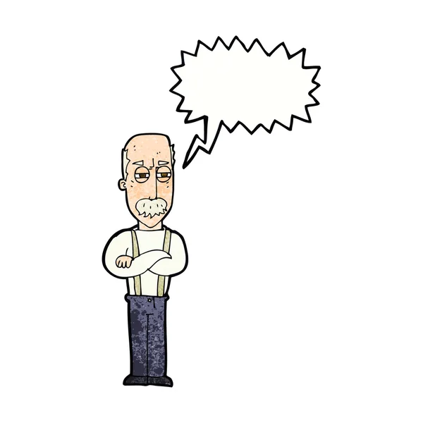 Cartoon annoyed old man with speech bubble — Stock Vector