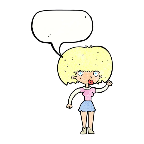 Cartoon woman waving with speech bubble — Stock Vector
