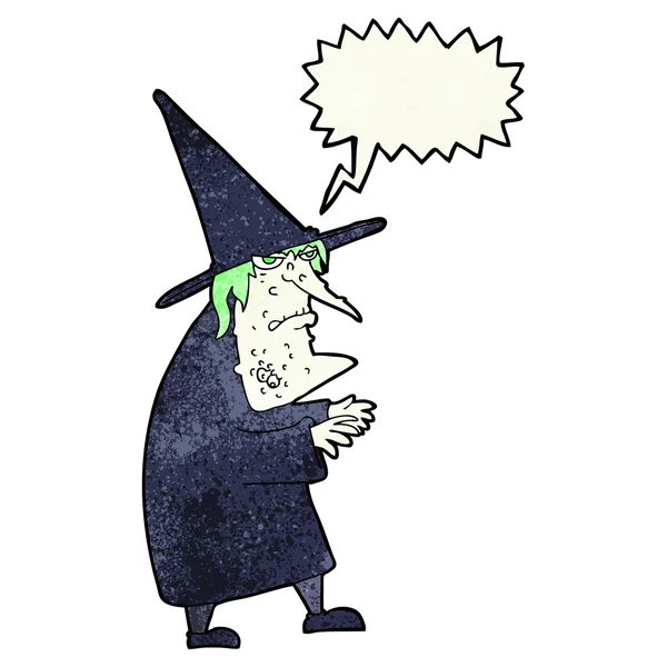Dessin animé laid vieille sorcière avec bulle de discours — Image vectorielle