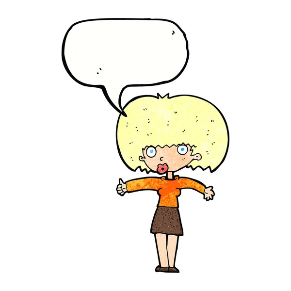 Mujer de dibujos animados dando pulgares hacia arriba símbolo con la burbuja del habla — Vector de stock