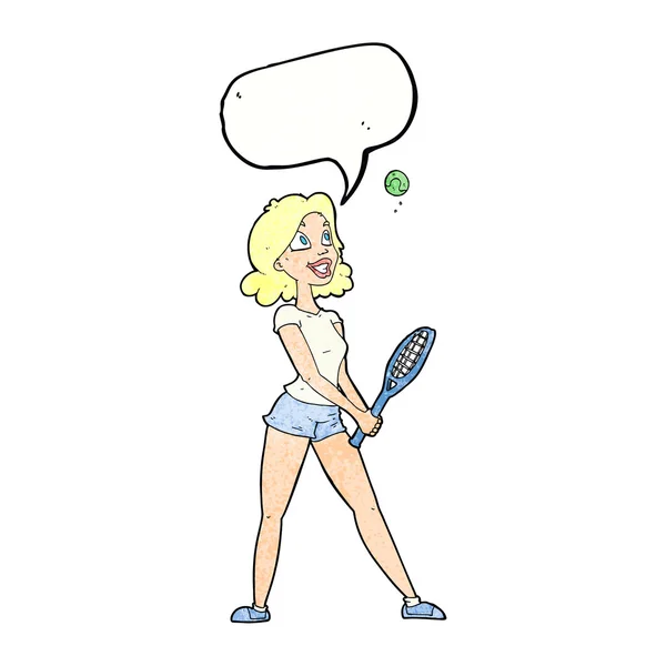 Donna dei cartoni animati giocare a tennis con la bolla discorso — Vettoriale Stock