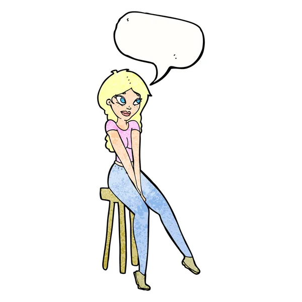 Karikatur hübsches Mädchen auf Hocker mit Sprechblase — Stockvektor