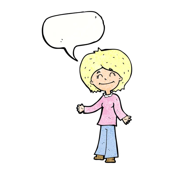 Cartoon happy woman with speech bubble — Stock Vector