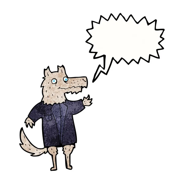 Hombre de negocios de dibujos animados lobo con burbuja de habla — Archivo Imágenes Vectoriales