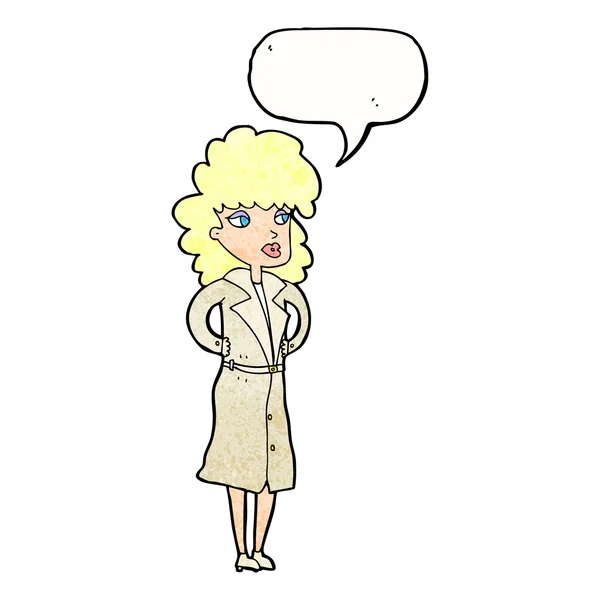 Femme dessin animé en trench coat avec bulle de parole — Image vectorielle