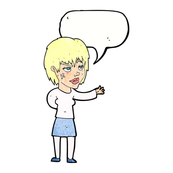 Donna dei cartoni animati con attaccare intonaco sul viso con bolla discorso — Vettoriale Stock