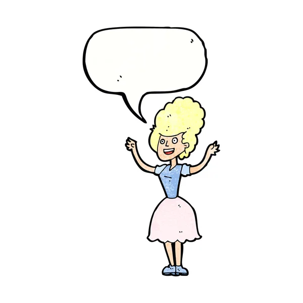 Cartoon happy 1950 's woman with speech bubble — стоковый вектор