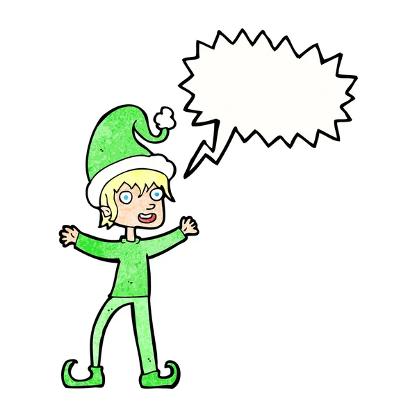 Cartoon excited christmas elf with speech bubble — Stock Vector