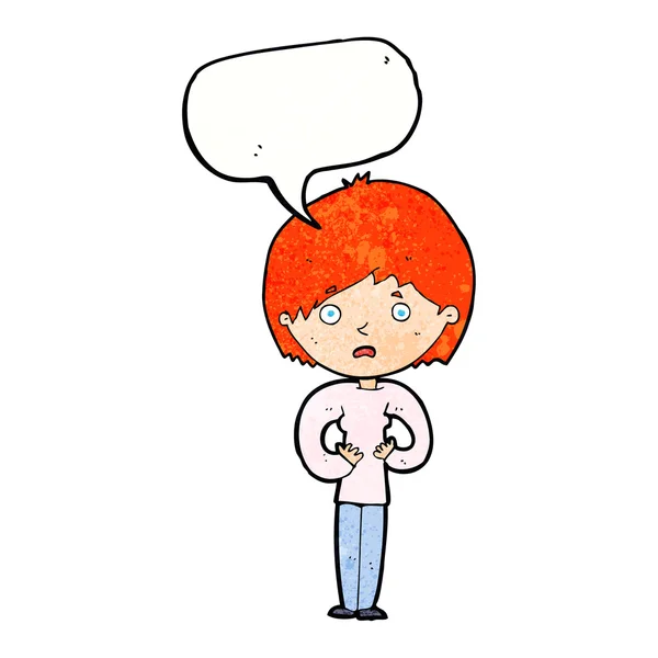 Cartoon woman making Who Me? gesture with speech bubble — Stock Vector