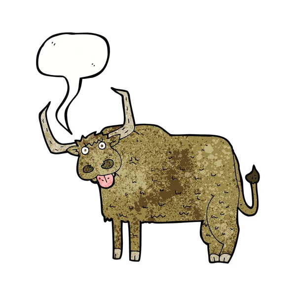 Cartoon harige koe met spraakbel — Stockvector