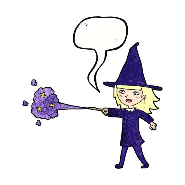 Cartoon witch girl casting spell with speech bubble — Stock Vector