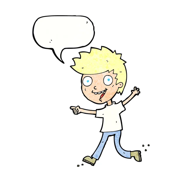 Cartoon gek opgewonden jongen met tekstballon — Stockvector