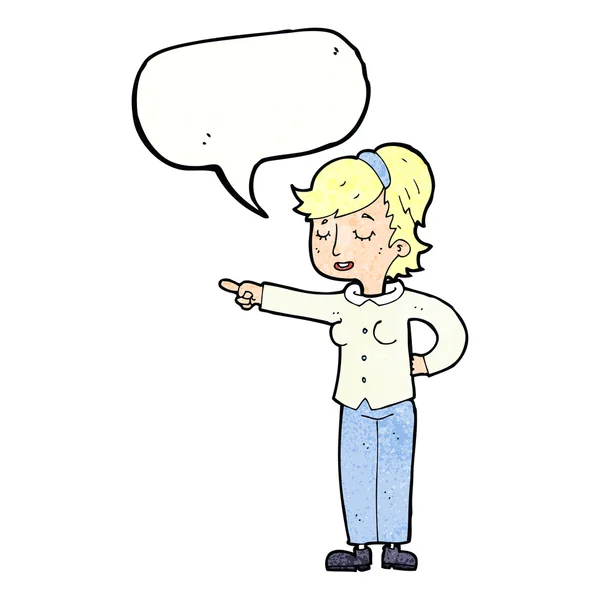 Dessin animé femme amicale pointant avec bulle de parole — Image vectorielle