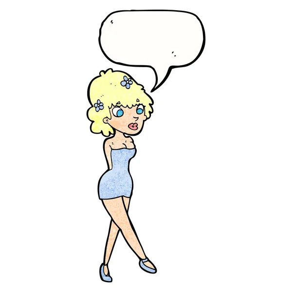 Cartoon vrouw poseren in jurk met spraak zeepbel — Stockvector