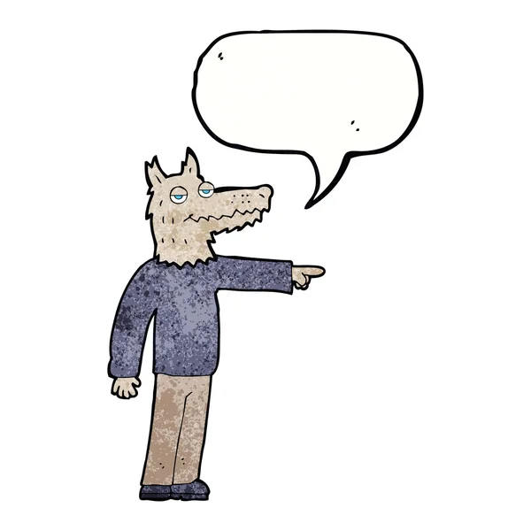 Uomo lupo dei cartoni animati che punta con la bolla discorso — Vettoriale Stock
