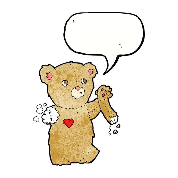 Cartoon teddy bear with torn arm with speech bubble — Stock Vector
