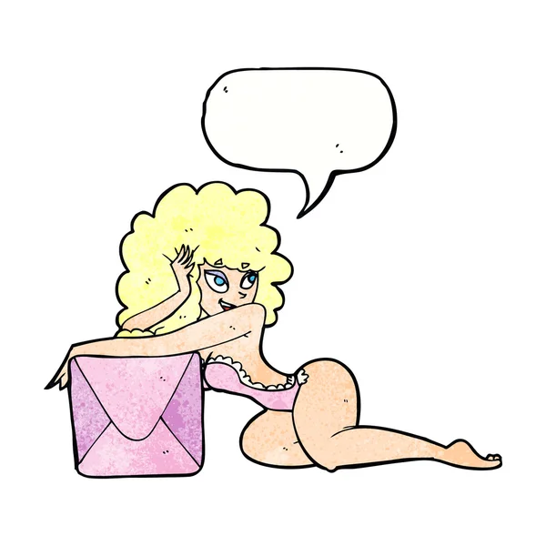 Cartoon Pin-up Frau mit Box mit Sprechblase — Stockvektor
