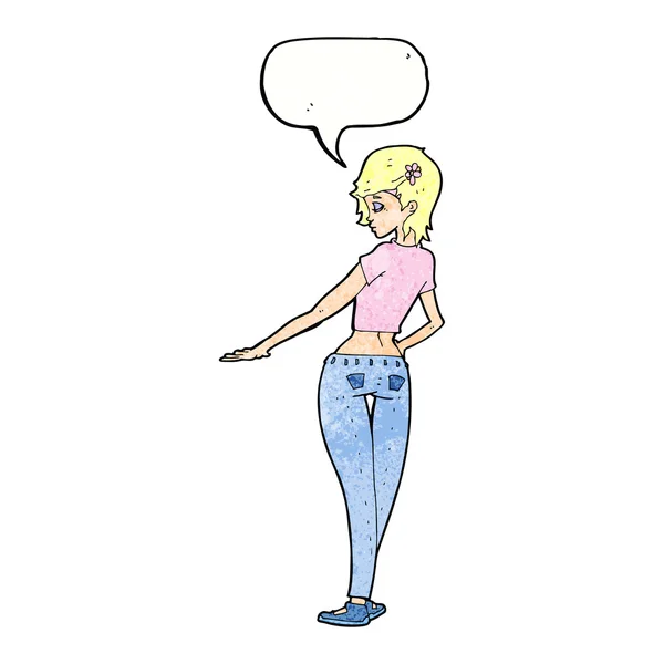 Καρτούν όμορφο κορίτσι σε τζιν και ΤΕΕ με φούσκα ομιλία — Διανυσματικό Αρχείο