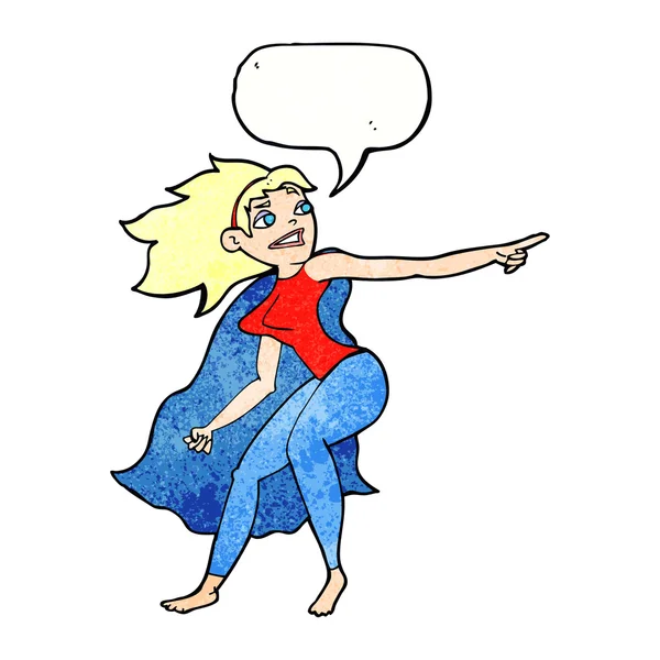 Fumetto supereroe donna che punta con la bolla discorso — Vettoriale Stock