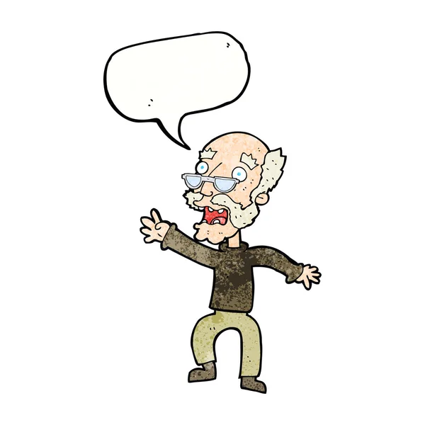 Cartoon frightened old man with speech bubble — Stock Vector