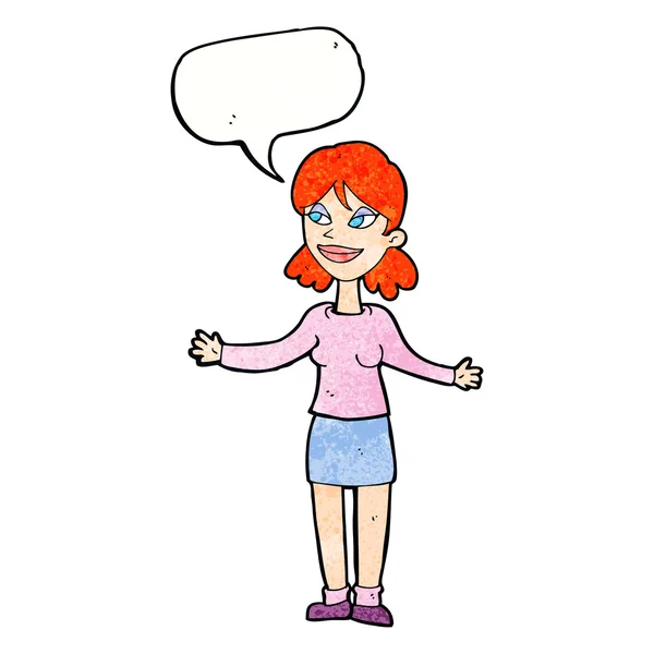 Cartone animato donna felice scuotendo le spalle con la bolla discorso — Vettoriale Stock