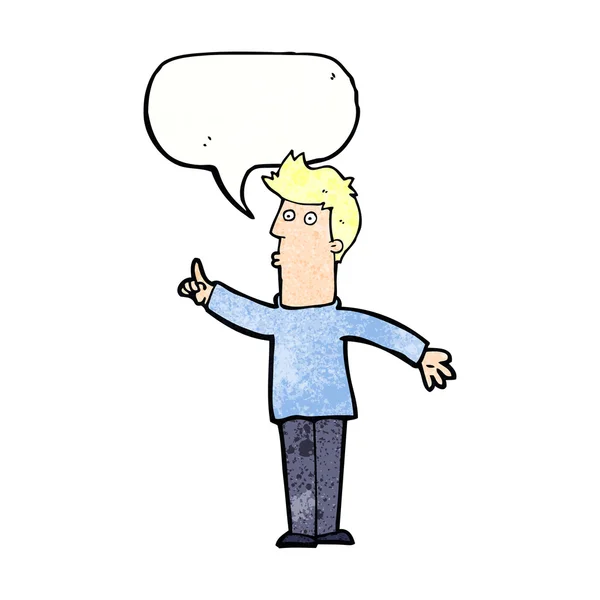 Hombre de dibujos animados que aconseja precaución con la burbuja del habla — Vector de stock